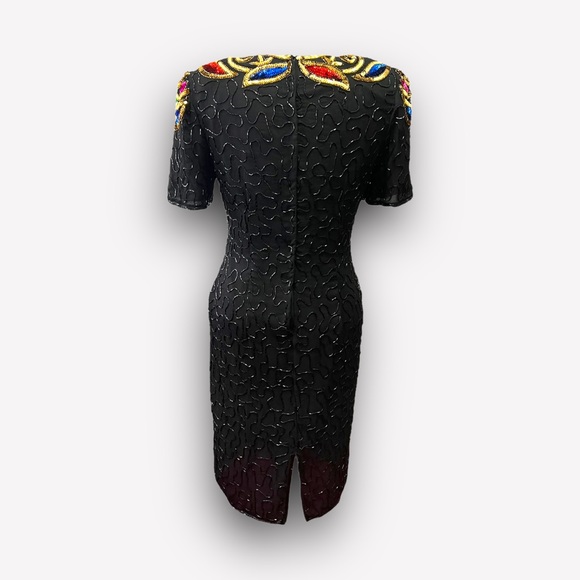 VINTAGE STENAY 1990s SILK AND SEQUIN BEADED BLACK COCKTAIL DRESS SIZE ME… - Picture 7 of 14